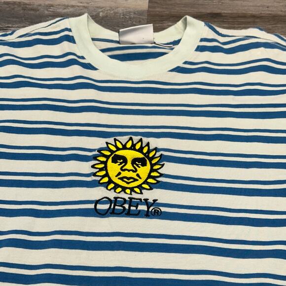 Andre‎ the Giant Obey Blue White Striped Mens M Embroidered Sun T-Shirt Medium - Picture 2 of 9